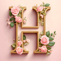 A floral letter “H” with roses and leaves, soft pink background
