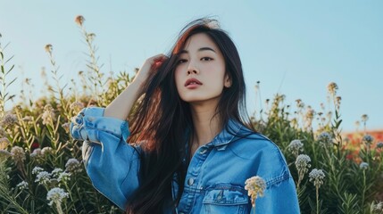 Young asian woman in a denim jacket lost in thought amidst spring flowers blossom