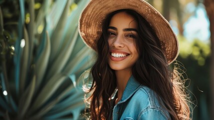 Beautiful latin american woman   wearing a straw hat and denim shirt, with a radiant smile in a lush tropical setting
