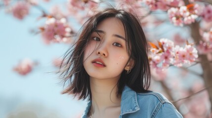 Young asian woman in a denim jacket lost in thought amidst spring flowers blossom