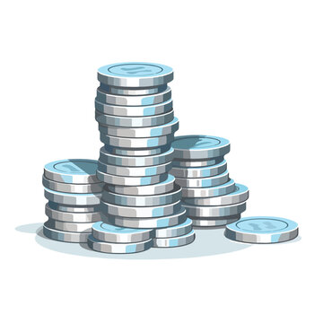 Silver coins pile. Cartoon silver coins stack 