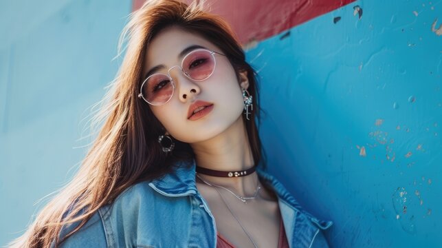 Fashionable young asian woman wearing chic sunglasses and a denim jacket leans against a vibrant blue and red wall, oozing urban cool..