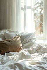 Organic cotton bed linen. Morning light filters through sheer curtains, soft glow on an inviting bed with crumpled white linens and a tan pillow..