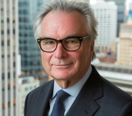 Fototapeta premium A senior gentleman with gray hair, wearing glasses and a smart suit, poses against a backdrop of city skyscrapers