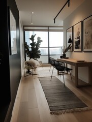 Hallway in a modern home with black walls and a rug.