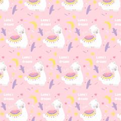 Seamless pattern with the image of a sleeping llama on a pink background