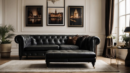 Interior clásico elegante con un sillón de cuero negro al estilo inglés Chesterfield con lámparas y cuadros - obrazy, fototapety, plakaty
