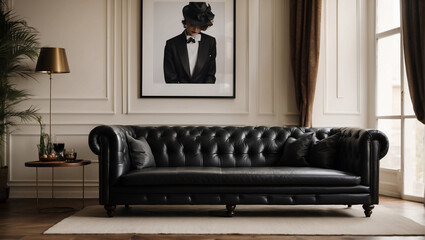 Interior clásico elegante con un sillón de cuero negro al estilo inglés Chesterfield con lámparas y cuadros