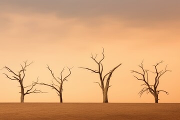Bare trees standing in an orange hued desert, creating a stark and surreal landscape. Surreal Desert Scene: Barren Trees and Orange Sky
