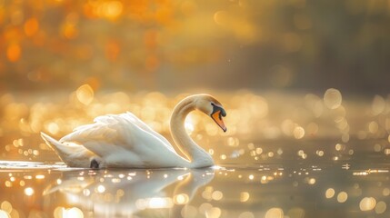 A mute swan is shown up close on a sunny pond with a blurred background.