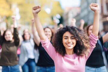 Fototapeta premium A vibrant group of individuals raise their arms in unity and celebration on a sunny city street. Diverse Group of People Celebrating Outdoors