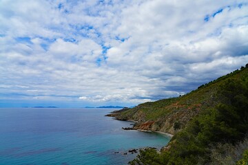 View of the landscape in Cap Benat, a cape on the Mediterranean Sea in Bormes-les-Mimosas near Le Lavandou on the French Riviera Cote d’Azur - 765980600