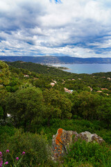 View of the landscape in Cap Benat, a cape on the Mediterranean Sea in Bormes-les-Mimosas near Le Lavandou on the French Riviera Cote d’Azur - 765980651