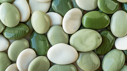 A pile of smooth, regular oval pebbles, predominantly in Mars Green with fewer in white, each free of textures and additional colors. The pebbles have a matte finish. The colors are bright and vibrant