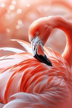 close-up of a flamingo engaging in preening, its vibrant orange and white feathers contrasting beautifully with a soft-focus background