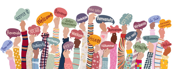 Many hands raised of diverse and multicultural children and teens holding speech bubbles with text Welcome in various international languages. Diversity kids. Communication - obrazy, fototapety, plakaty