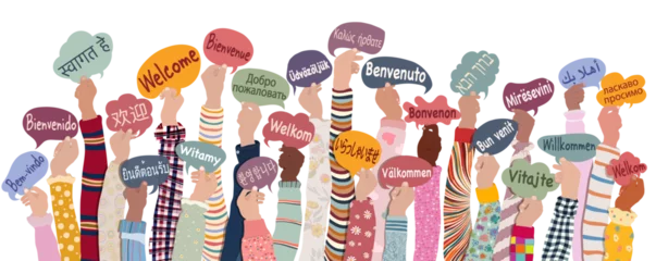 Deurstickers Many hands raised of diverse and multicultural children and teens holding speech bubbles with text Welcome in various international languages. Diversity kids. Communication © melita