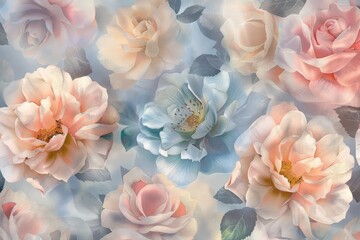 An artful display of ethereal roses in soft pastel hues, perfectly blended to create a tranquil and romantic floral wallpaper design..