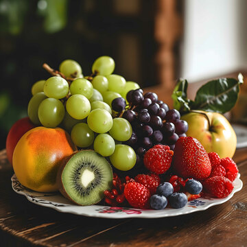 an image featuring a plate of whole fresh fruits, such as green apples, juicy oranges, kiwis and grapes, ready to be savored.