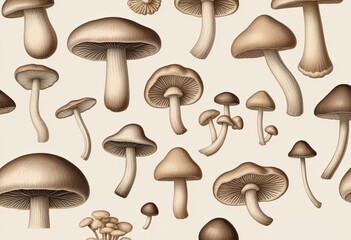 mushrooms botanical vintage retro illustration, earthy neutral tones on beige background