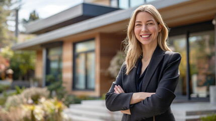 Fototapeta premium Professional Female Realtor Standing Proudly at Elegant Residence