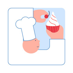 Confectioner decorates cupcake.. Confectioner cooking. Culinary. Cake baker. Chef cooking food. Simple geometric sketch vector illustration