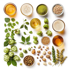 Beer ingredients. Cut out assortment of natural ingredients for good beer. White background, pub, glasses, hops, malt, alcoholic drink. Geometric and artistic arrangement of food and ingredients.