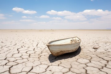 A white abandoned boat sits on a cracked dry earth landscape under a blue sky. Abandoned Boat on Cracked Earth Texture