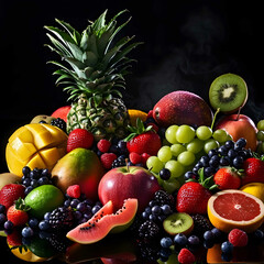 Rozne owoce egzotyczne na czarnym tle - wyizolowane. Kompozycja ananasa, gruszek, jablek, pomaranczy, jezyn, czeresni, borowek.