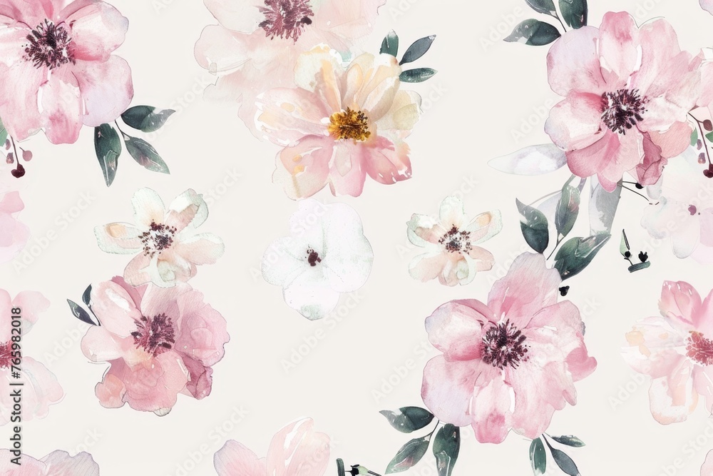 Aufkleber watercolor pattern featuring an array of pink flowers and foliage, artistically rendered with a deli