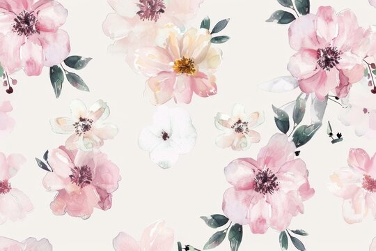 watercolor pattern featuring an array of pink flowers and foliage, artistically rendered with a delicate touch and a soft color palette