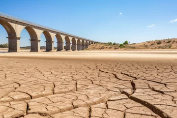 Poster An arched bridge spans over a cracked, dry riverbed, symbolizing infrastructure resilience amidst drought conditions. Bridge Over Cracked Earth in Drought © Anatolii