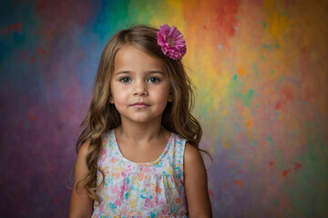 portrait of a little girl on a colorful wall background