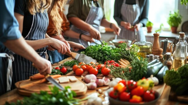 Farm-to-Table Cooking Class with a group of people participating in a cooking class using farm-fresh ingredients.