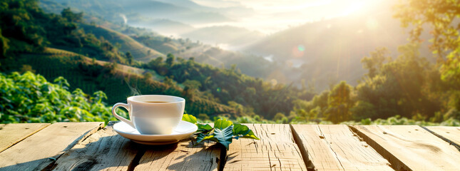 Cup of Coffee Against the Background of a Tea Plantation - obrazy, fototapety, plakaty