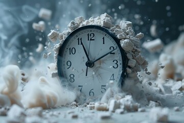 Wall clock engulfed by a cloud of dust and chunks of debris against a cool-toned backdrop - obrazy, fototapety, plakaty