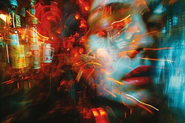 Abstract portrait of a woman overlaid with vivid alcohol bottles, urban light trails and bokeh, creating a dynamic and surreal city atmosphere