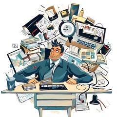 The man trying to multitasking and make him stressed because the jobs cant be finished, illustration media AI Image Generative. - obrazy, fototapety, plakaty