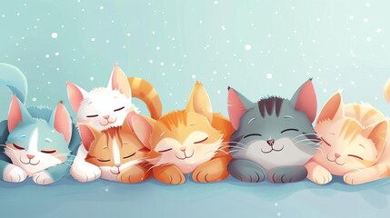 Adorable cartoon colorful kittens cuddling together, cute animal background illustration