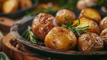 Baked potatoes with fragrant rosemary sprigs, rustic food photography - obrazy, fototapety, plakaty