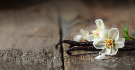 vanilla beans and flowers close up on wooden table, banner with copy space
