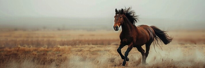 wild horse galloping in a field, banner with copy space