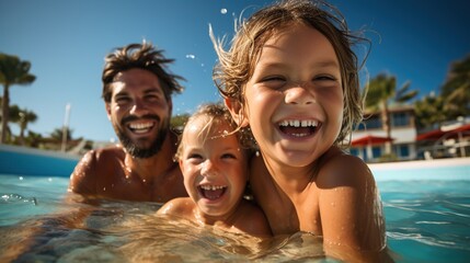 A family on vacation with children relaxing in the pool. Active recreation. Happy travels. Generative AI - obrazy, fototapety, plakaty