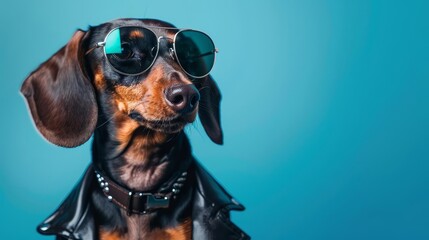 Cute Dachshund dog portrait, wearing sunglasses and leather jacket, attitude and style - obrazy, fototapety, plakaty