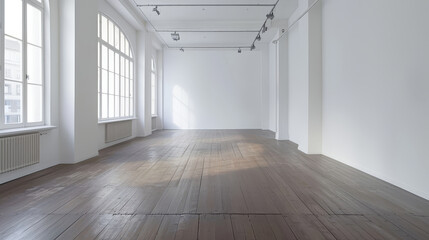 Empty bright room with wooden floor.