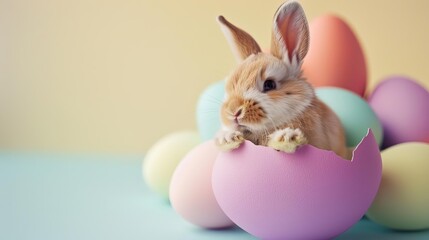 Cute Easter bunny hatching from colorful egg on pastel background