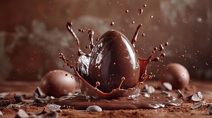 Decadent dark chocolate Easter egg splashing on textured brown background - obrazy, fototapety, plakaty