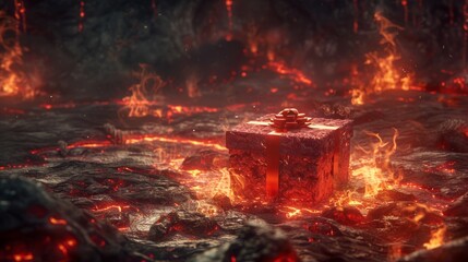 A gift box in the fiery depths of hell surrounded by flames and demons - obrazy, fototapety, plakaty