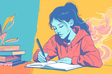 Colorful illustration of a teenage girl working on her homework