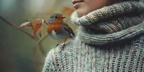 It is said that robins that visit us are our deceased relatives - beautiful robin redbreast sitting on shoulder of young woman wearing a thick winter jumper with copy space
- 765984606